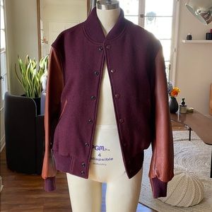 Burgundy leather and wool varsity jacket by Unis